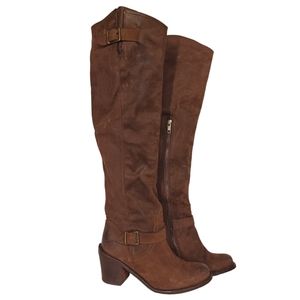 STEVE MADDEN Matte Brown Leather Distressed Knee High Stacked Heel Boots 6